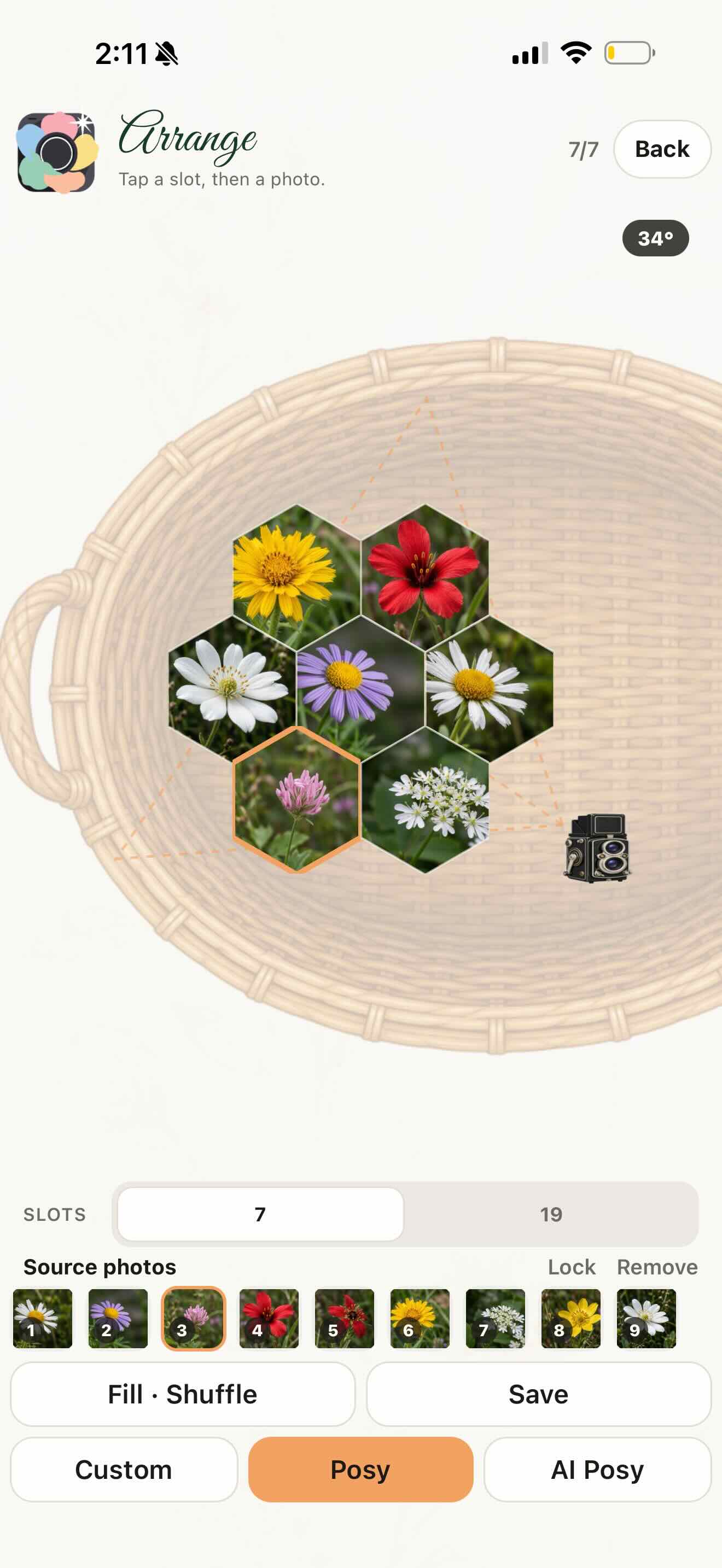 The Arrange screen: flower photos in a posy