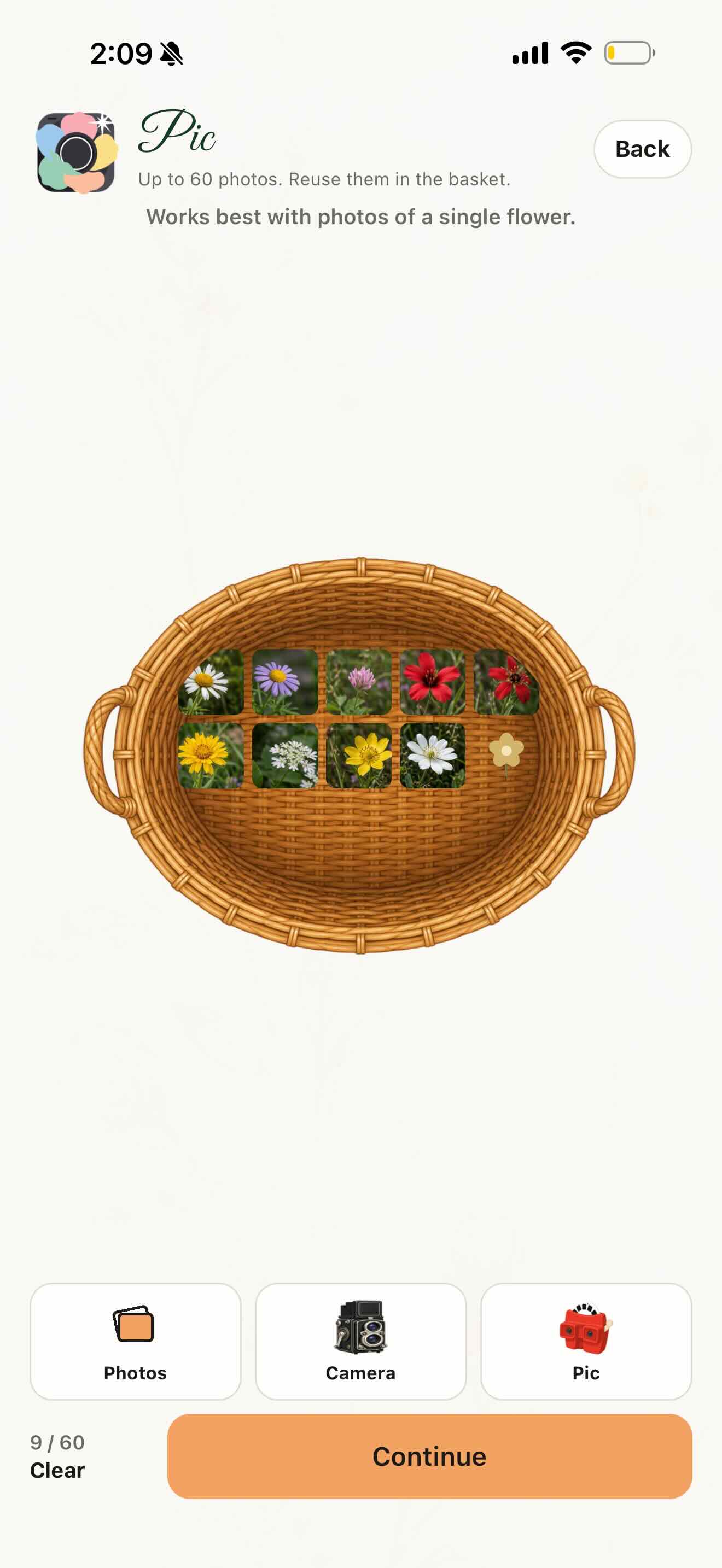The Pic screen: a basket of flower photos on an iPhone